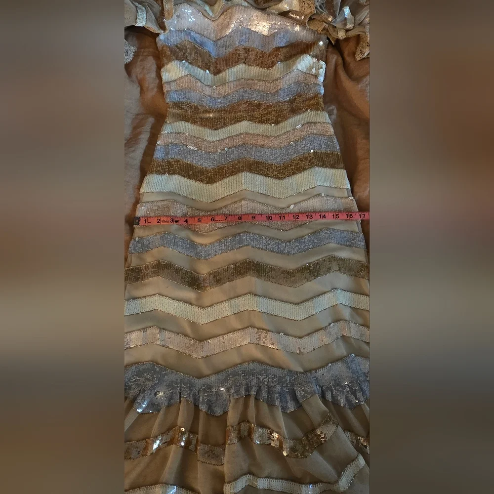 Needle & Thread Sequin Chevron Midi Dress in Gold and Silver - Picture 10 of 12